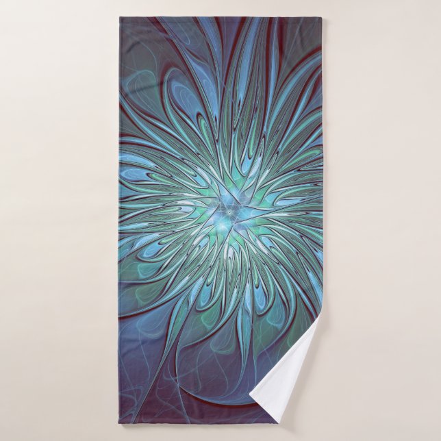 Modern Abstract Trendy Blue Flower Fractal Art Bath Towel (Bath Towel)