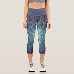Modern Abstract Trendy Blue Flower Fractal Art Capri Leggings