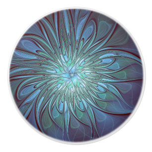 Modern Abstract Trendy Blue Flower Fractal Art Ceramic Knob