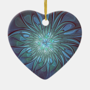 Modern Abstract Trendy Blue Flower Fractal Art Ceramic Ornament