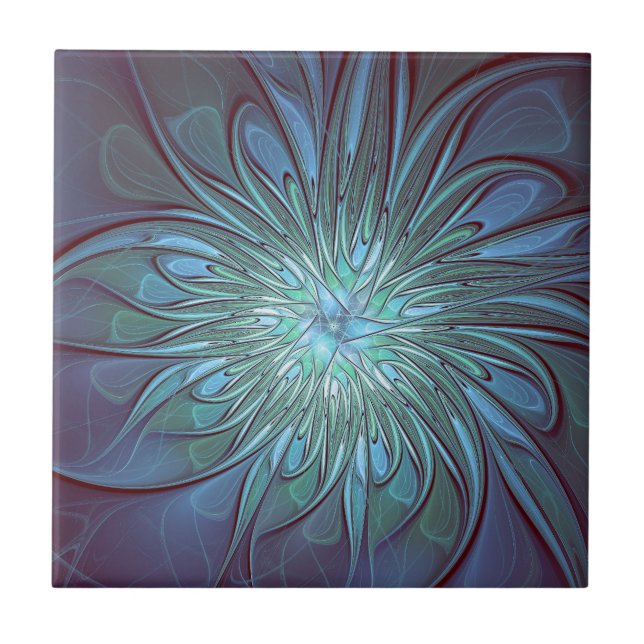 Modern Abstract Trendy Blue Flower Fractal Art Ceramic Tile (Front)