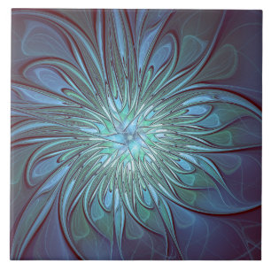 Modern Abstract Trendy Blue Flower Fractal Art Ceramic Tile