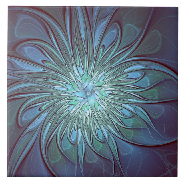 Modern Abstract Trendy Blue Flower Fractal Art Ceramic Tile (Front)