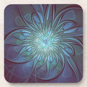 Modern Abstract Trendy Blue Flower Fractal Art Coaster