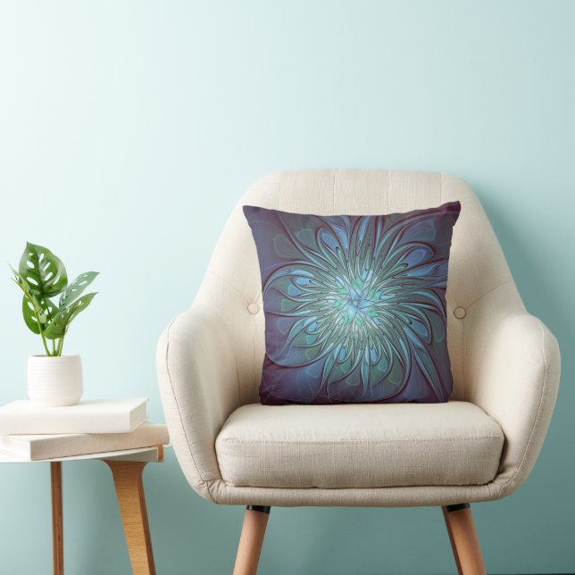Modern Abstract Trendy Blue Flower Fractal Art Cushion (Chair)