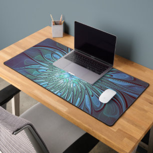 Modern Abstract Trendy Blue Flower Fractal Art Desk Mat