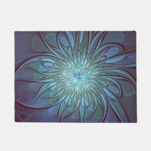 Modern Abstract Trendy Blue Flower Fractal Art Doormat