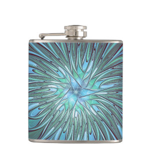 Modern Abstract Trendy Blue Flower Fractal Art Hip Flask
