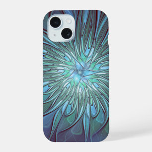 Modern Abstract Trendy Blue Flower Fractal Art iPhone 15 Case