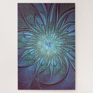 Modern Abstract Trendy Blue Flower Fractal Art Jigsaw Puzzle