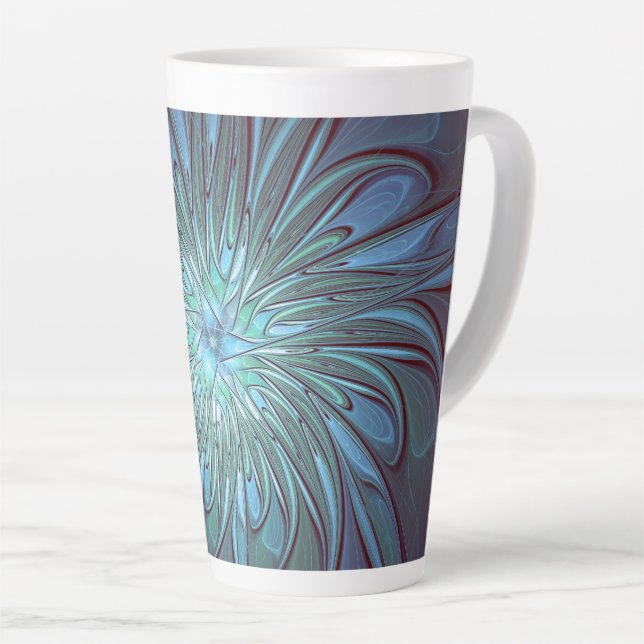 Modern Abstract Trendy Blue Flower Fractal Art Latte Mug (Right Angle)