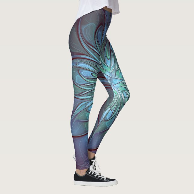 Modern Abstract Trendy Blue Flower Fractal Art Leggings (Right)