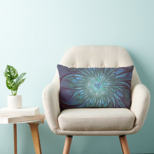 Modern Abstract Trendy Blue Flower Fractal Art Lumbar Cushion