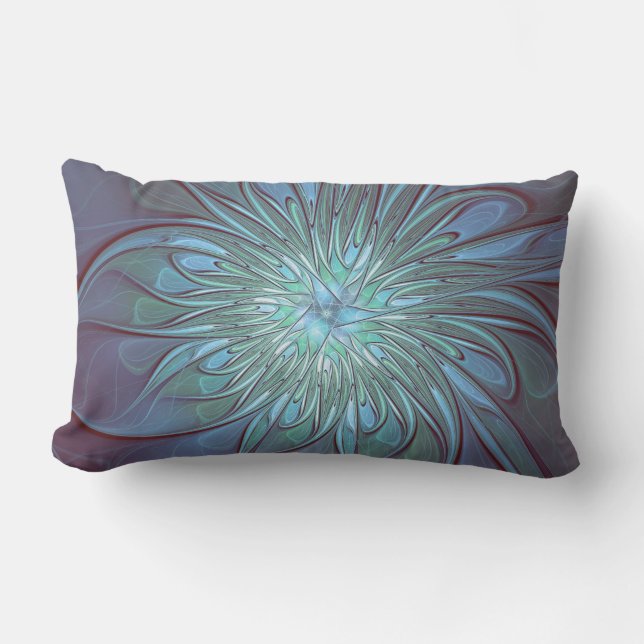 Modern Abstract Trendy Blue Flower Fractal Art Lumbar Cushion (Front)
