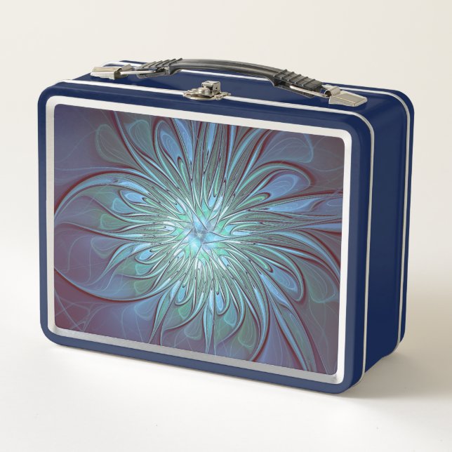 Modern Abstract Trendy Blue Flower Fractal Art Metal Lunch Box (Front)