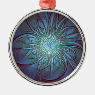 Modern Abstract Trendy Blue Flower Fractal Art Metal Ornament