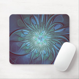 Modern Abstract Trendy Blue Flower Fractal Art Mouse Pad