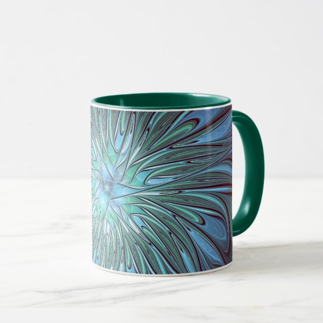 Modern Abstract Trendy Blue Flower Fractal Art Mug (Front Right)