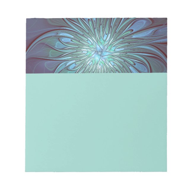 Modern Abstract Trendy Blue Flower Fractal Art Notepad (Front)