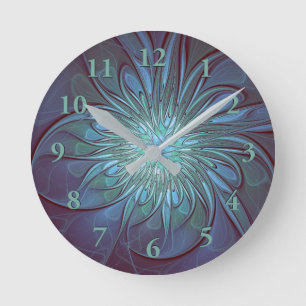 Modern Abstract Trendy Blue Flower Fractal Art Round Clock