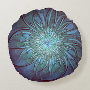 Modern Abstract Trendy Blue Flower Fractal Art Round Cushion