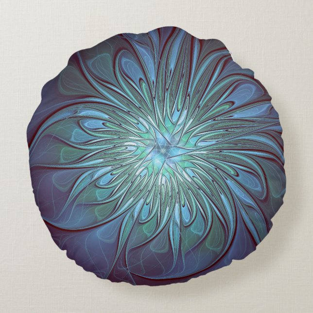 Modern Abstract Trendy Blue Flower Fractal Art Round Cushion (Back)