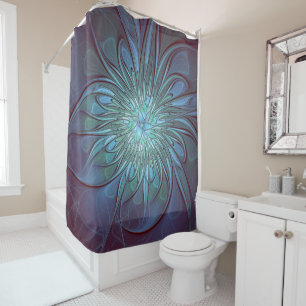 Modern Abstract Trendy Blue Flower Fractal Art Shower Curtain