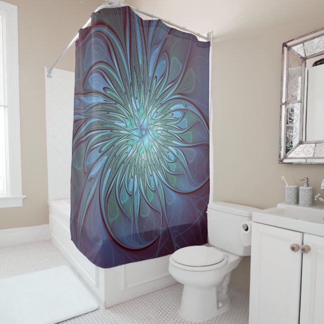 Modern Abstract Trendy Blue Flower Fractal Art Shower Curtain (In Situ)