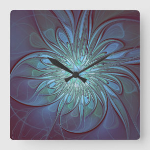 Modern Abstract Trendy Blue Flower Fractal Art Square Wall Clock