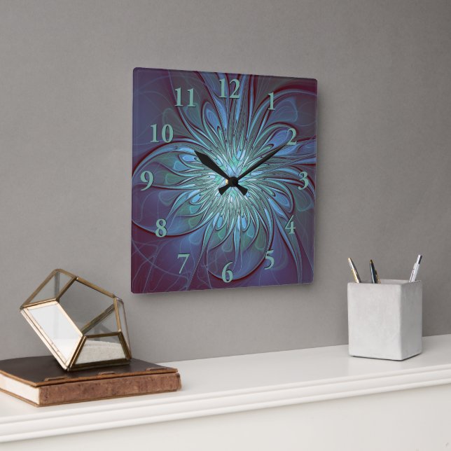 Modern Abstract Trendy Blue Flower Fractal Art Square Wall Clock (Office)