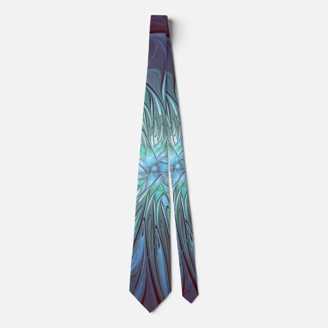 Modern Abstract Trendy Blue Flower Fractal Art Tie (Front)