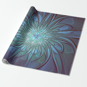 Modern Abstract Trendy Blue Flower Fractal Art Wrapping Paper