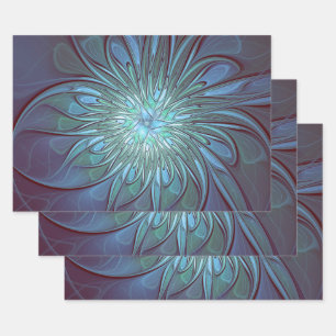 Modern Abstract Trendy Blue Flower Fractal Art Wrapping Paper Sheet