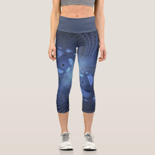 Modern Abstract Trendy Dusk Blue Fractal Art Capri Leggings