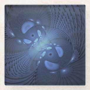 Modern Abstract Trendy Dusk Blue Fractal Art Glass Coaster