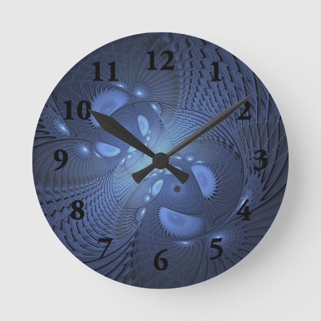 Modern Abstract Trendy Dusk Blue Fractal Art Round Clock (Front)