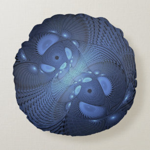 Modern Abstract Trendy Dusk Blue Fractal Art Round Cushion