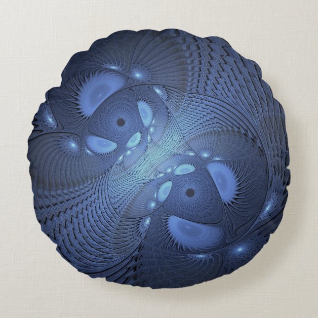 Modern Abstract Trendy Dusk Blue Fractal Art Round Cushion (Front)