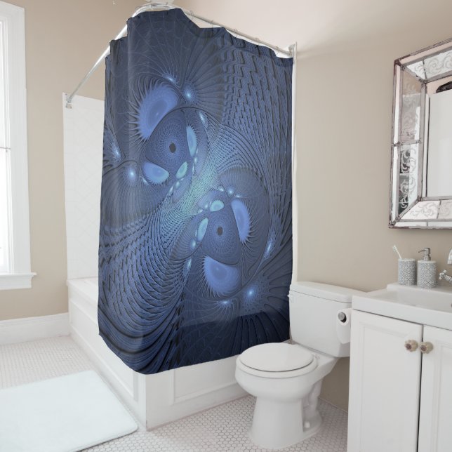 Modern Abstract Trendy Dusk Blue Fractal Art Shower Curtain (In Situ)