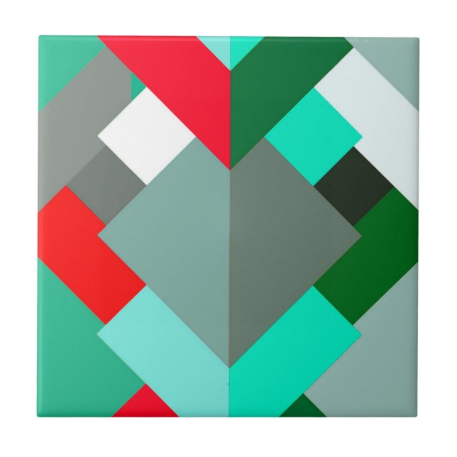 Modern Abstract Triangles, Turquoise, Red, & Grey Ceramic Tile (Front)