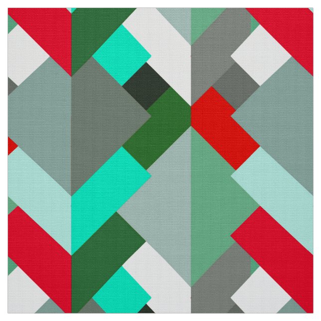 Modern Abstract Triangles, Turquoise, Red, & Grey Fabric (Swatch)