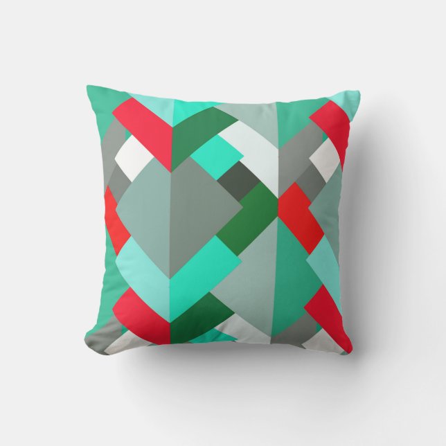 Modern Abstract Triangles, Turquoise, Red, & Grey Outdoor Cushion (Front)
