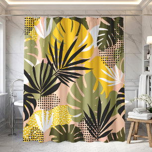 Modern Abstract Tropical Leaves & Polka Dots  Shower Curtain