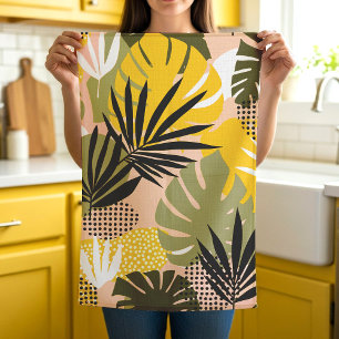 Modern Abstract Tropical Leaves & Polka Dots  Tea Towel