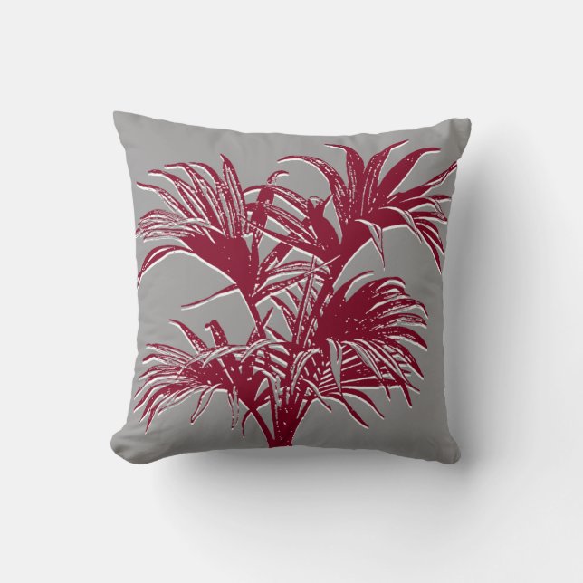 Modern Abstract Tropical Palm Trees Burgundy Grey Cushion (Front)