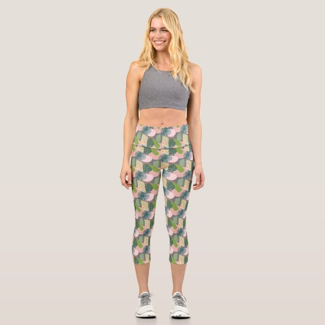 Modern Abstract Tropical Pattern Capri Leggings (Front)