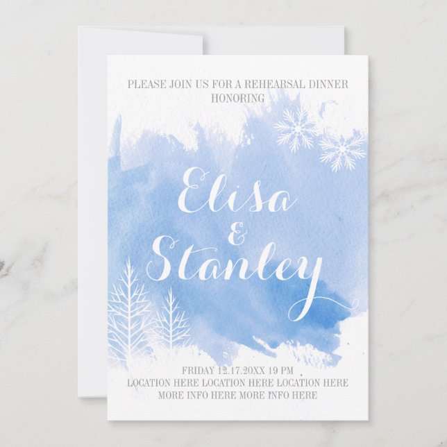 Modern abstract watercolor blue rehearsal dinner invitation (Front)