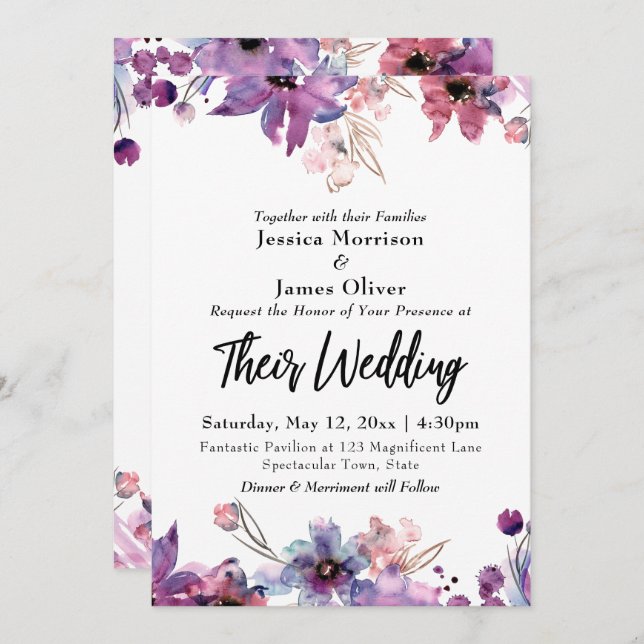 Modern Abstract Watercolor Florals Wedding Invitation (Front/Back)
