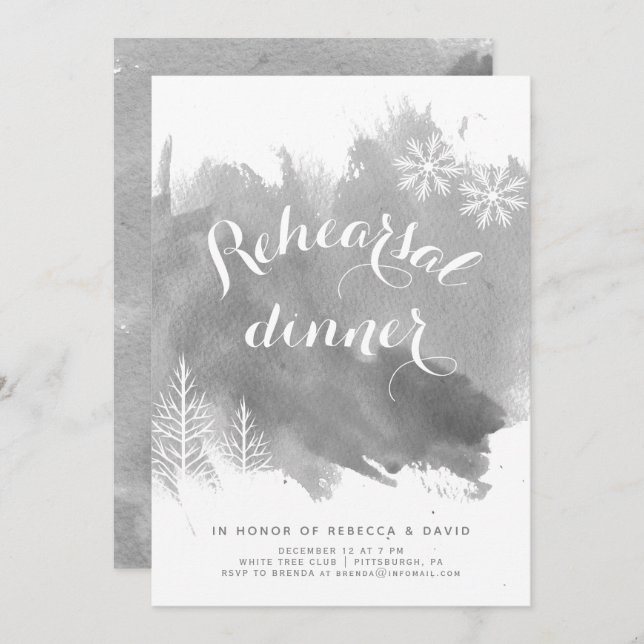 Modern abstract watercolor grey rehearsal dinner invitation (Front/Back)