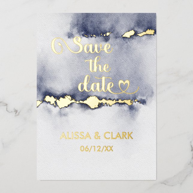 Modern Abstract Watercolor Navy Save The Date (Front)